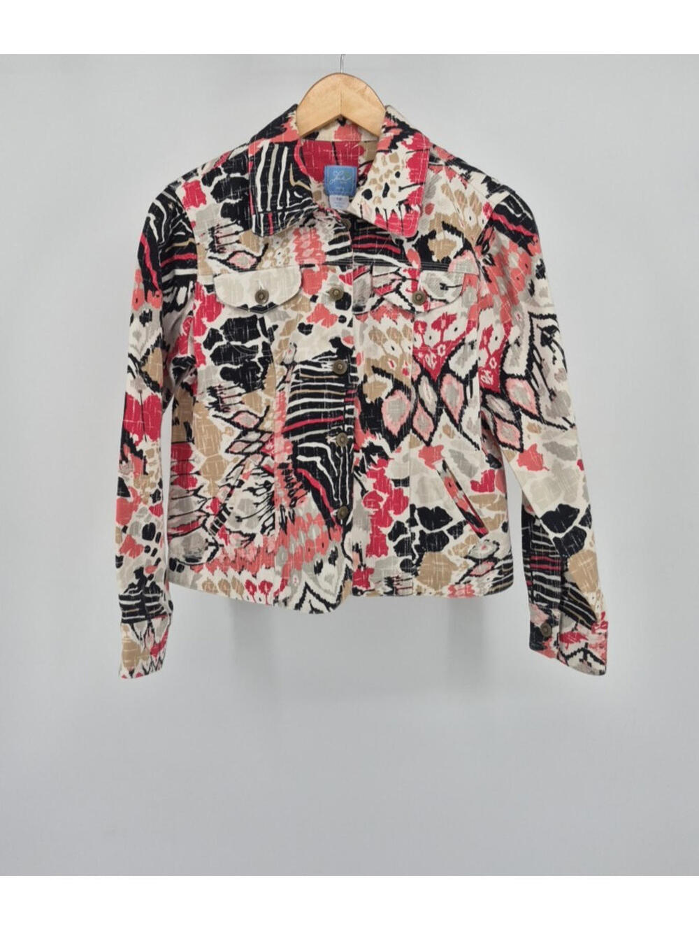 Lark Lane Denim Floral Blazer Jacket Multicolor Button Up Women's Size 10P